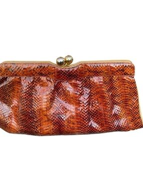 Vintage Genuine Snakeskin Python Clutch with Kiss Lock Closure